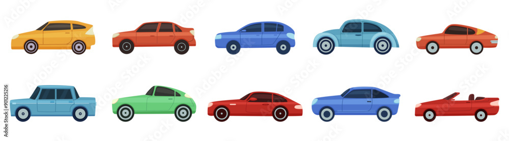 Fototapeta premium Flat car icons. Isolated automobiles, cars vintage style elements. City vehicle, sedan hatchback cabrio style. Personal urban transport nowaday vector set