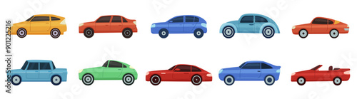 Flat car icons. Isolated automobiles, cars vintage style elements. City vehicle, sedan hatchback cabrio style. Personal urban transport nowaday vector set