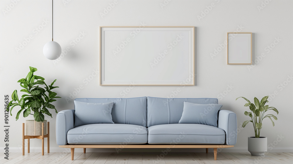A stylish and minimalist living room featuring a light blue sofa, indoor plants, and a blank picture frame on a white wall. A stylish and minimalist living room featuring a light blue sofa, indoor plants, and a blank picture frame on a white wall.