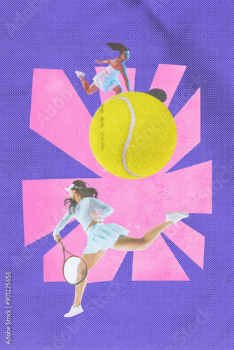 Poster. Contemporary art collage. Two female tennis players in action leaping high, running to hitting ball during match. Textured effect. Concept of sport, hobby, competition, championship. Ad photo