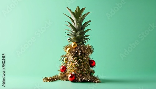 pineapple decorated like a Christmas tree on a solid green background with copy space photo