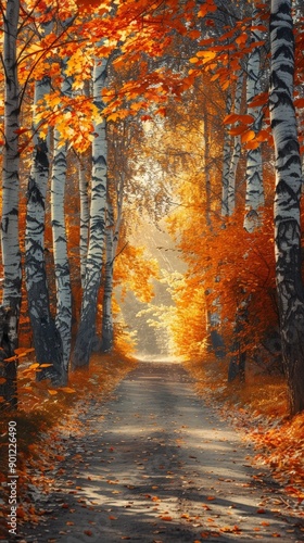 Tranquil Autumn Forest Path in Vivid Anime Style