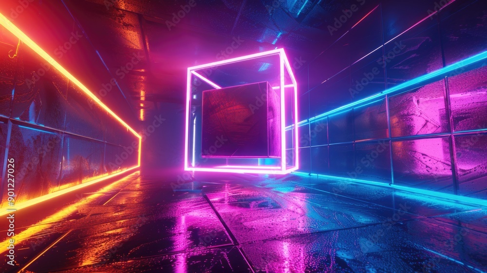 Obraz premium An empty room with neon lights on the walls