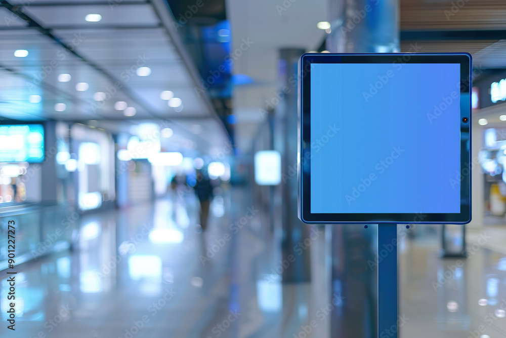 A blue sign is on a post in a large, empty room, generative ai image. A blue sign is on a post in a large, empty room, generative ai image.