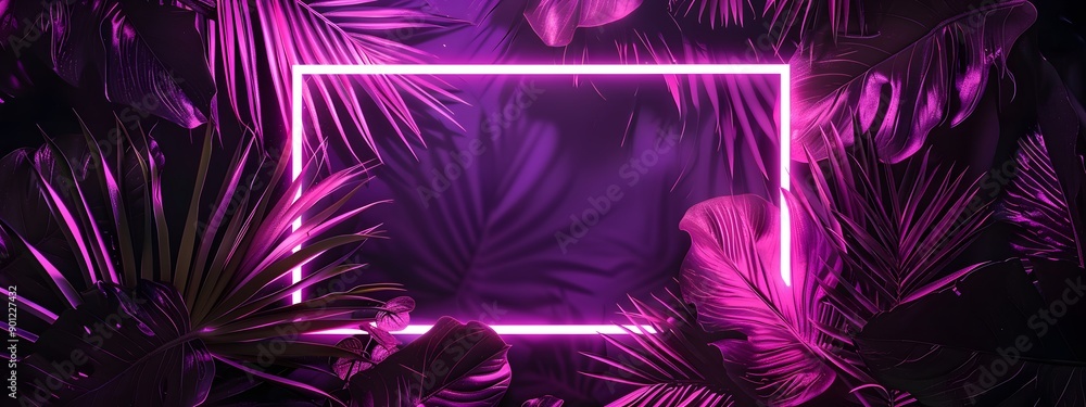 Abstract neon background with a square frame in the middle, tropical leaves and plants, purple color. Abstract neon background with a square frame in the middle, tropical leaves and plants, purple color.