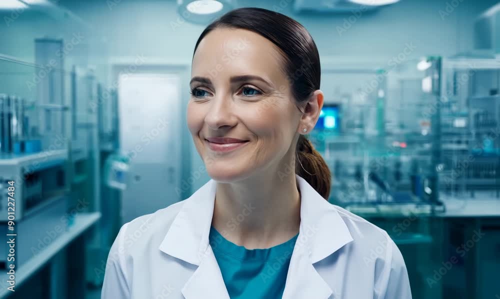 Portrait of a smiling female doctor in a lab coat looking at camera Portrait of a smiling female doctor in a lab coat looking at camera