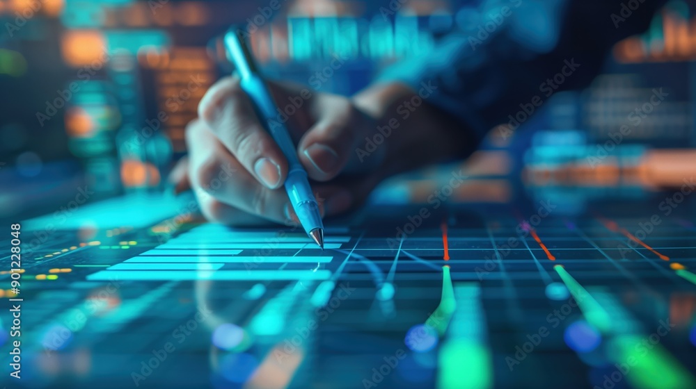 Close-up of a person analyzing charts and graphs with a pen, capturing the essence of strategic business planning. Great for illustrating research and analysis. Close-up of a person analyzing charts and graphs with a pen, capturing the essence of strategic business planning. Great for illustrating research and analysis.
