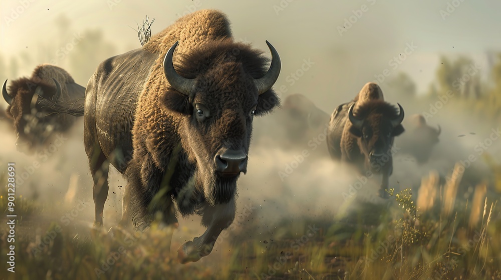 Herd of bison running across dusty prairie at dawn Herd of bison running across dusty prairie at dawn