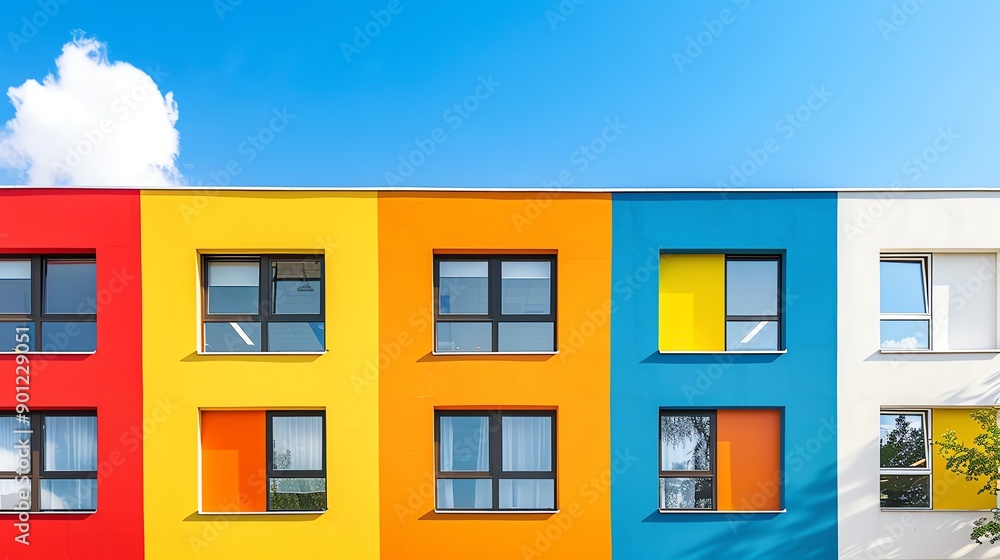 Vibrant residential building facade featuring colorful windows against a bright blue sky, showcasing modern architecture and design. Vibrant residential building facade featuring colorful windows against a bright blue sky, showcasing modern architecture and design.