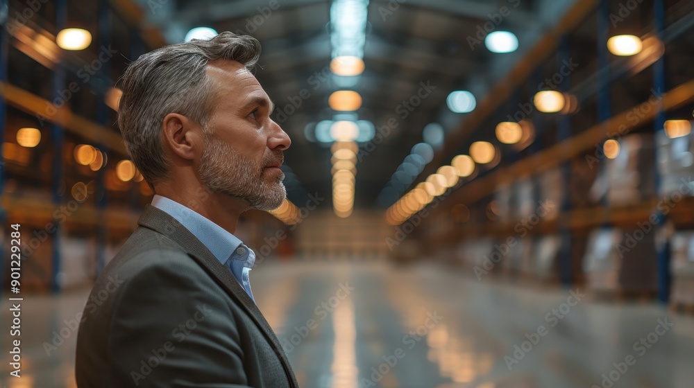 Solemn Businessman Amid Financial Pressure in Desolate Warehouse with Debt Notices Solemn Businessman Amid Financial Pressure in Desolate Warehouse with Debt Notices