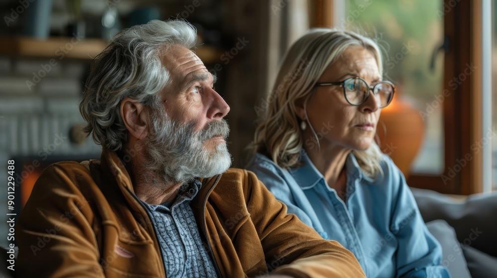 Concerned Retired Couple Contemplating Utility Bills and Financial Strain Concerned Retired Couple Contemplating Utility Bills and Financial Strain