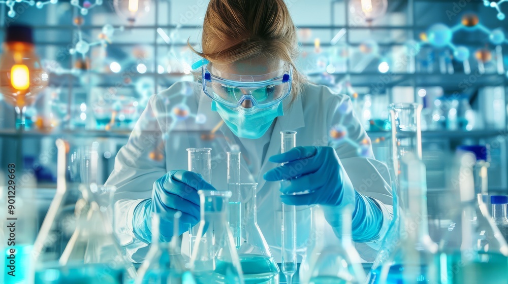 Scientific Breakthrough: A focused female scientist analyzes test tubes in a high-tech lab, surrounded by molecular models, symbolizing cutting-edge research and innovation. Scientific Breakthrough: A focused female scientist analyzes test tubes in a high-tech lab, surrounded by molecular models, symbolizing cutting-edge research and innovation.