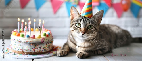 A cute tabby cat wearing a birthday hat celebrates with a cake. Colorful decorations in the background enhance the festive mood.