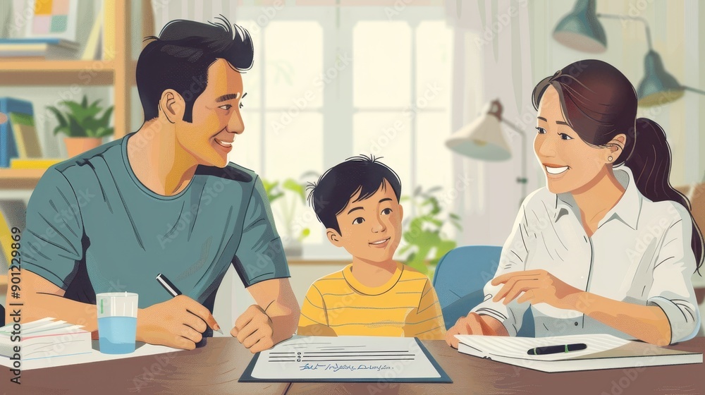 Fototapeta premium Concerned Family Examining Foreclosure Notice during Financial Discussion at Home