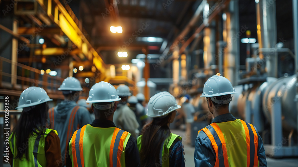 Group of workers wearing safety gear and hard hats inside an industrial factory, focused on their tasks, dimly lit environment Group of workers wearing safety gear and hard hats inside an industrial factory, focused on their tasks, dimly lit environment