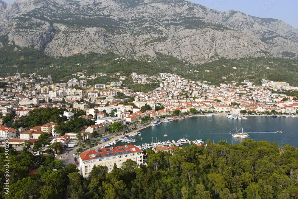 Makarska, Croatia. Coastal town, sea and mountains, Biokovo park. Aerial photography from a drone. Croatian town on the Adriatic Sea. Makarska Riviera Makarska, Croatia. Coastal town, sea and mountains, Biokovo park. Aerial photography from a drone. Croatian town on the Adriatic Sea. Makarska Riviera