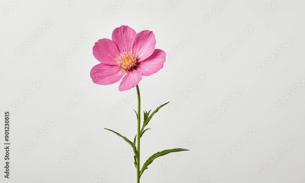 Pink cosmos flower with yellow center against a white background Pink cosmos flower with yellow center against a white background