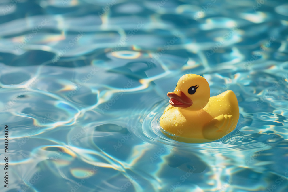 Yellow rubber duck floating in clear blue water, bright and playful summer scene Yellow rubber duck floating in clear blue water, bright and playful summer scene