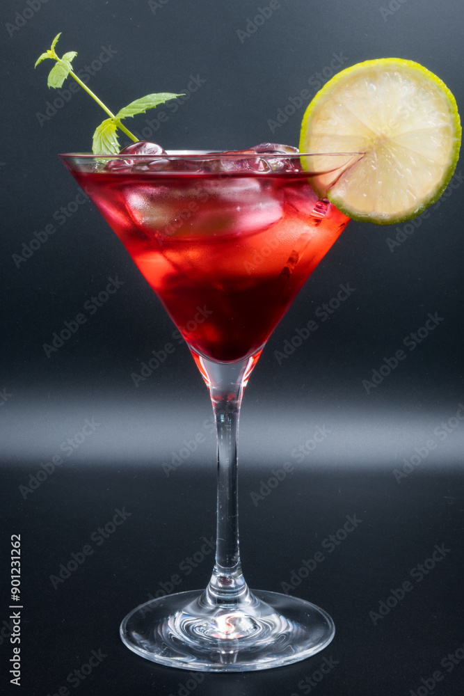 Alcoholic cocktail in a martini glass.