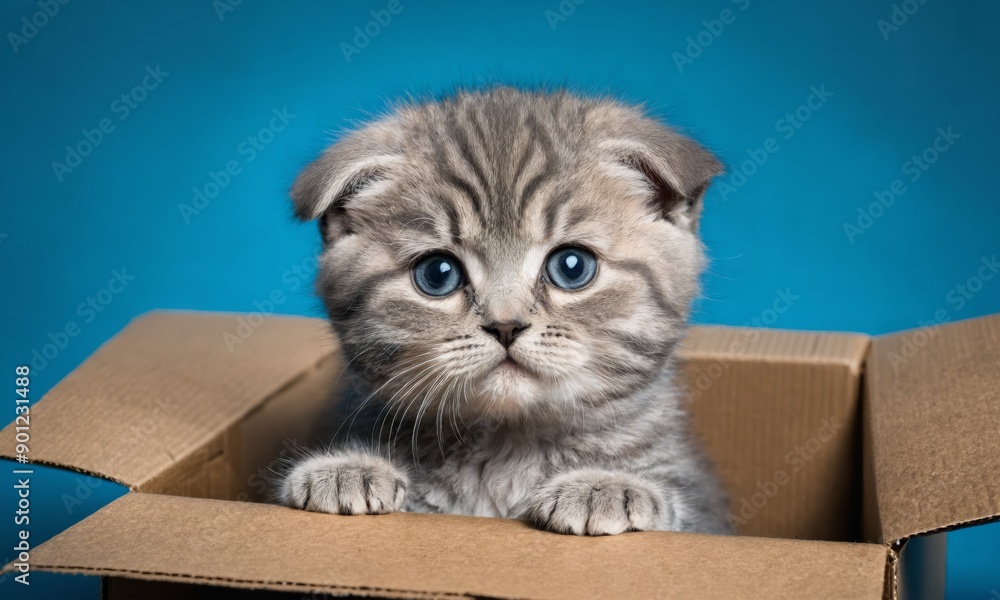 Kitten looking out of cardboard box