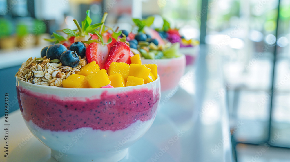 Several fruit smoothie bowls stand on the windowsill decorated with strawberries, blueberries, mango, and granola. Several fruit smoothie bowls stand on the windowsill decorated with strawberries, blueberries, mango, and granola.