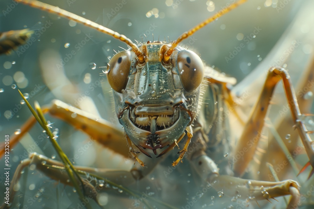 Fototapeta premium Grasshopper, emphasizing the vibrant colors and intricate patterns.