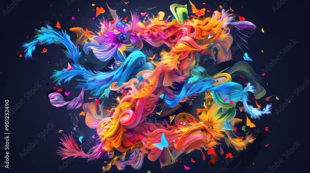 A close-up shot of vibrant feathers against a dark backdrop, great for use in designs or as a decorative element A close-up shot of vibrant feathers against a dark backdrop, great for use in designs or as a decorative element