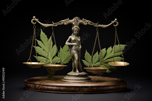 Scales with marijuana on a black background as a symbol of justice. photo