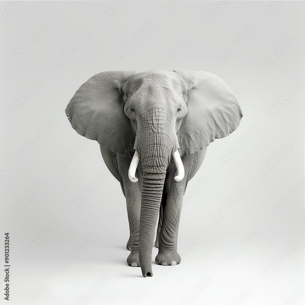 Obraz premium A majestic elephant stands confidently, showcasing its large ears and tusks against a neutral background.