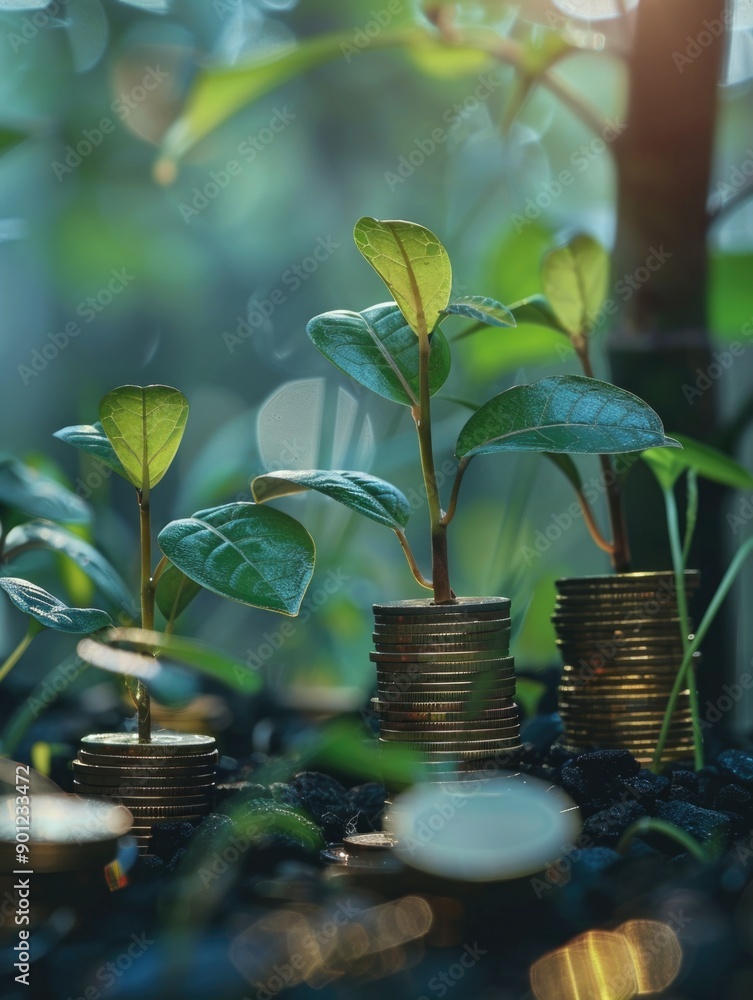 A stack of coins rests on top of a collection of green plants A stack of coins rests on top of a collection of green plants