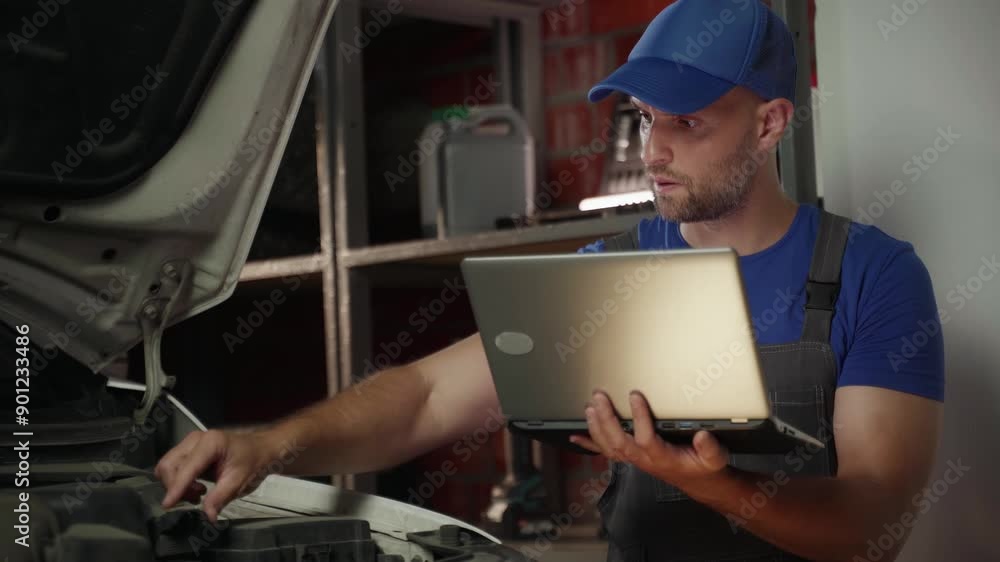 A mechanic stands in a garage with the hood of a car open, looking at a laptop screen. The mechanic appears to be diagnosing a problem with the car A mechanic stands in a garage with the hood of a car open, looking at a laptop screen. The mechanic appears to be diagnosing a problem with the car