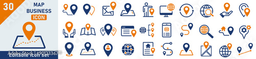 Map icons Pixel perfect. Map icon set. Set of 30 outline icons related to map. Linear icon collection. Map outline icons collection. Editable stroke. Vector illustration.