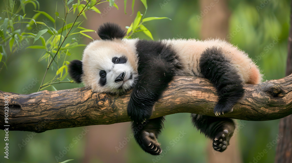 Obraz premium A giant panda lies resting on a tree branch in a lush forest, surrounded by greenery. This image captures the serene and tranquil nature of this endangered species in its natural habitat.