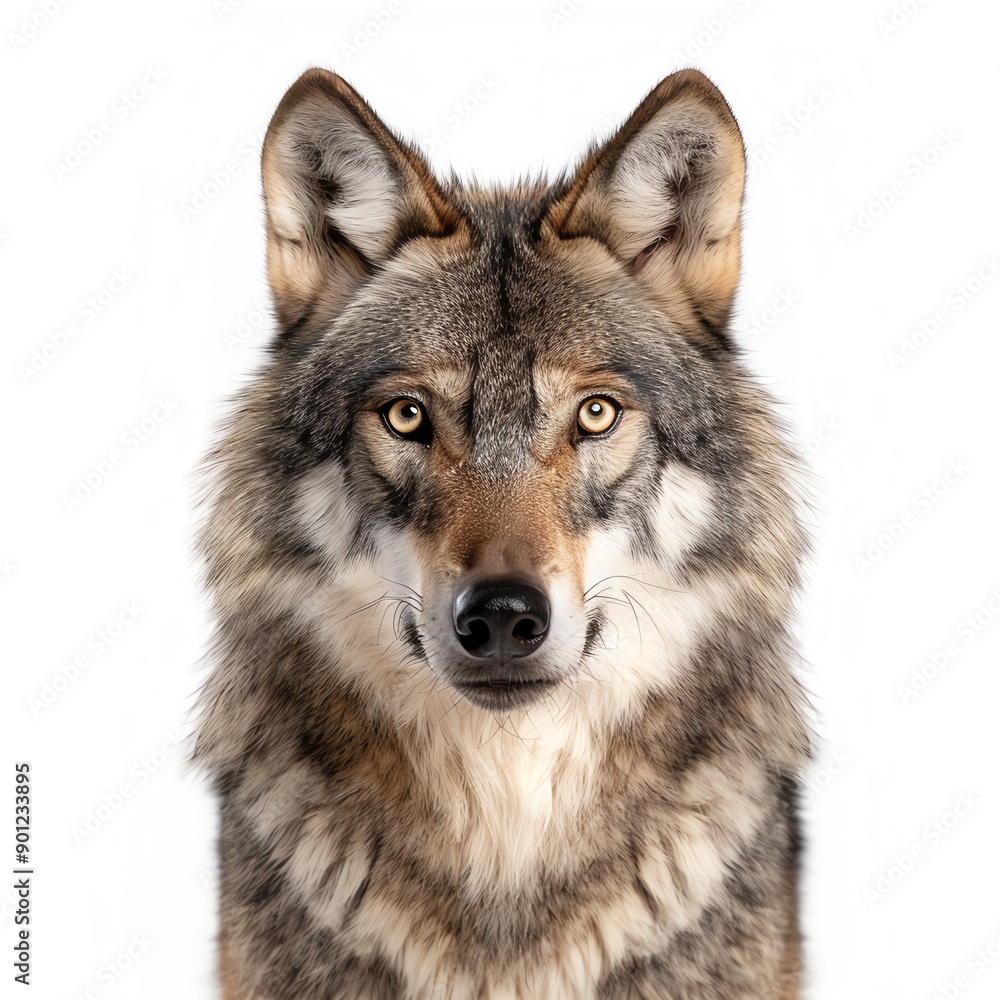 Fototapeta premium Close-up portrait of a majestic wolf showcasing striking eyes and detailed fur, perfect for wildlife and nature themes.