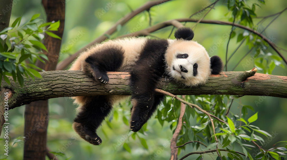 Obraz premium A giant panda lies asleep on a tree branch in a lush, green forest. This image captures the serene and peaceful nature of this endangered species in its natural habitat