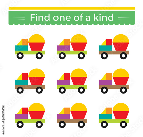 Fun education game for kids. Need to find one of a kind truck. Kids activity page.