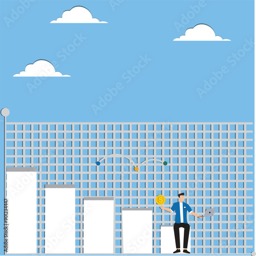 Task management, Gantt chart for project planing, executing workflow for business success concept, Businessman working with laptop computer sitting on last horizontal bar of project Gantt chart