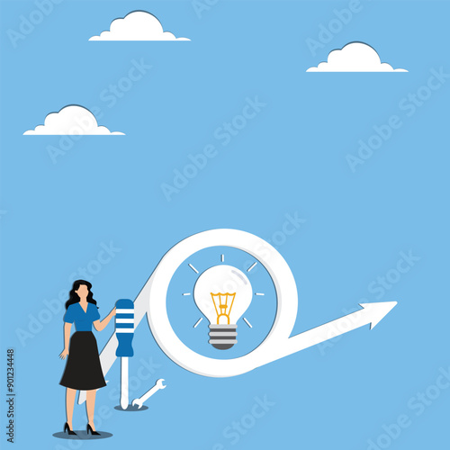 Creative idea to boost business progress, developing solution to solve business problem, businesswoman fixes a light bulb idea to change a downward business graph to an upward one