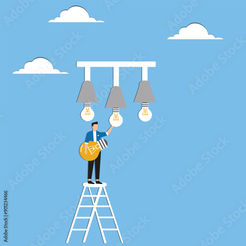 Change to new strategy to transform into a more profitable business, improve concept or new innovations to a new method, businessman replace old light bulb idea to new one concept