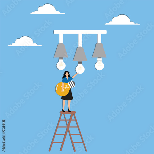 Change to new strategy to transform into a more profitable business, improve concept or new innovations to a new method, businesswoman replace old light bulb idea to new one concept