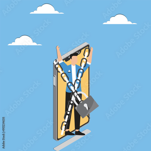 Nomophobia or no mobile phone phobia, overusing mobile phone concept, business people who are afraid to remove from mobile phone connectivity, Businessman Chained to Big Smart Phone