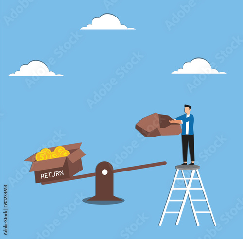 Higher risk startup to successful business illustration, investor risk appetite in and investment asset to get high reward, businessman drop weights onto the seesaw to increase the amount of return