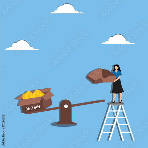 Higher risk startup to successful business illustration, investor risk appetite in and investment asset to get high reward, businesswoman drop weights onto the seesaw to increase the amount of return