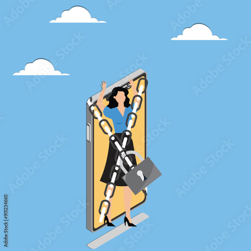 Nomophobia or no mobile phone phobia, overusing mobile phone concept, business people who are afraid to remove from mobile phone connectivity, Businesswoman Chained to Big Smart Phone