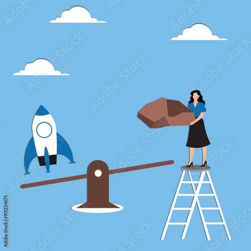 Take high risks to get business success, investor risk appetite in securities and investment asset to get high reward, businesswoman drop weights onto a seesaw to launch a startup business rocket