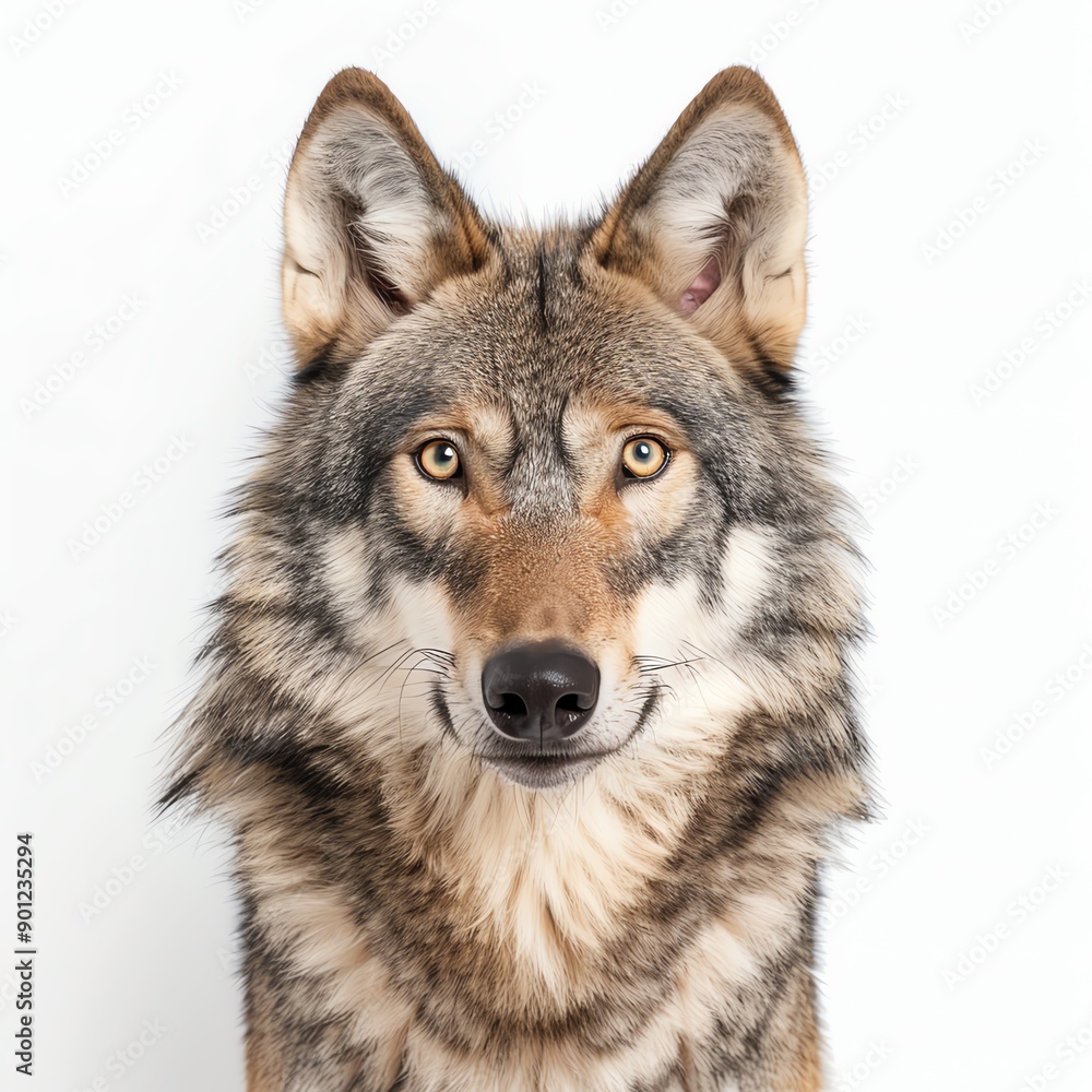 A close-up portrait of a wolf showcasing its striking features and piercing gaze against a neutral background. A close-up portrait of a wolf showcasing its striking features and piercing gaze against a neutral background.