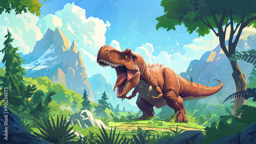 Aggressive Tyrannosaur in Natural Environment Cartoon Adventure Dinosaur Wildlife Scene Prehistoric Predator Illustration Jurassic Era Fearsome Beast Wilderness Exploration