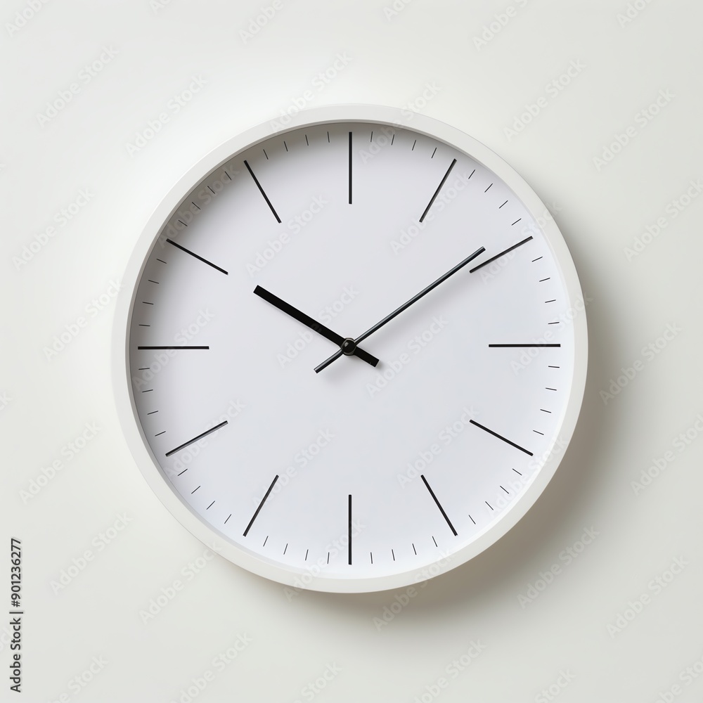 Minimalist wall clock with a clean white face and black hour and minute hands, perfect for modern home decor. Minimalist wall clock with a clean white face and black hour and minute hands, perfect for modern home decor.