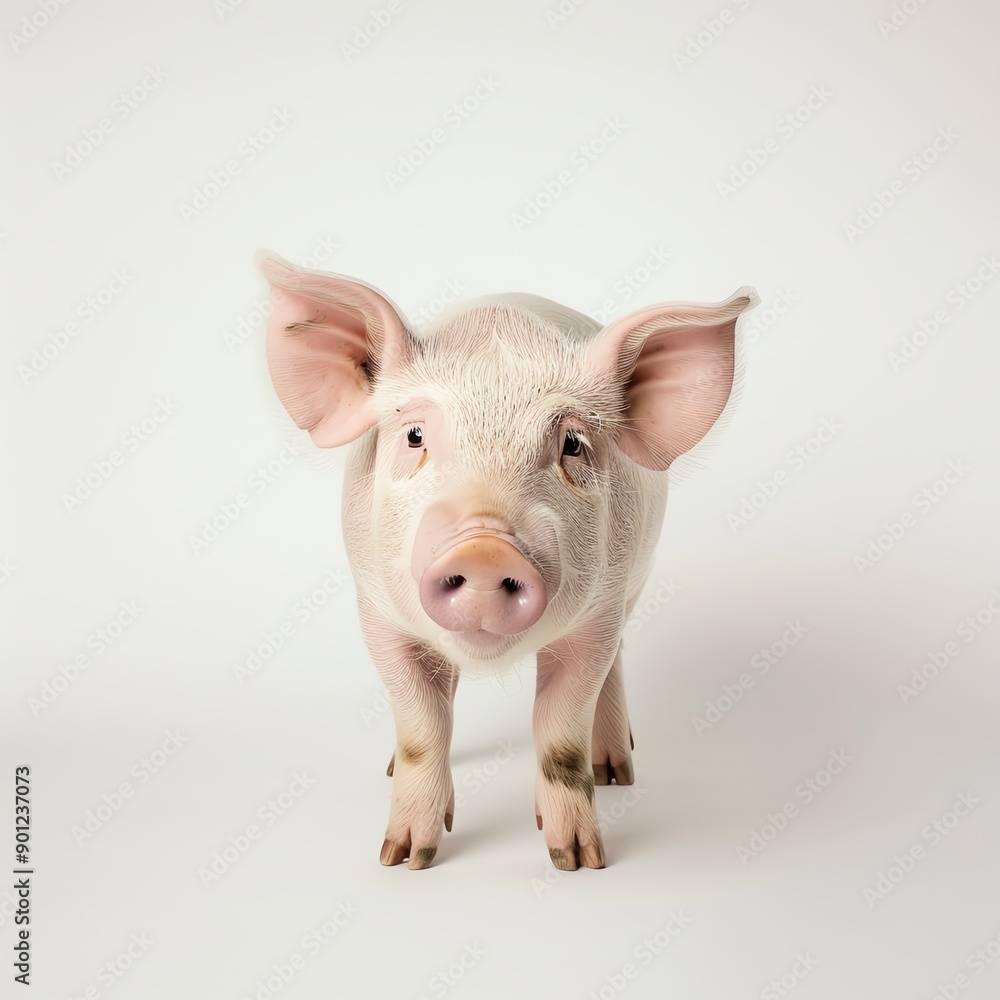 Playful pig standing on a light background, showcasing its adorable features and joyful essence in a charming manner.