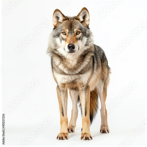 A majestic wolf stands confidently against a white background, showcasing its keen eyes and beautiful fur.